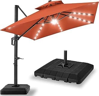 10x10ft Cantilever Patio Umbrella w/Base Included, Solar LED Lights 360 Rotation Large Offset Hanging Outdoor Shade for Deck Pool Backyard w/Stand – Rust