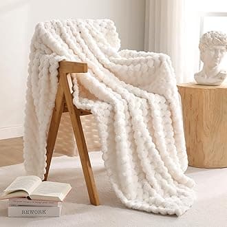 ExcerventFlannel Fleece Throw Blanket(50x70 inches), Big 3D Clouds Stylish Hexagon Jacquard Decorative Fuzzy Blankets for Household, Camping, and Travel, Super Soft Cozy, Ivory