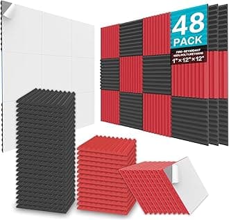 JBER Sound Absorbing Foam Panels, 48 Pieces 2.5 x 30 x 30 cm Acoustic Insulation Wedges for Studio Soundproofing Padding Fire Resistant Acoustic Treatment Foam (Black and Red)