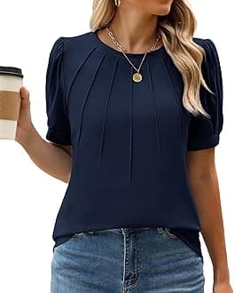 WEACZZYWomens Puff Short Sleeve Tops Dressy Casual Crew Neck Pleated T Shirts Cute Blouse Tunic Top Fashion Clothes 2024
