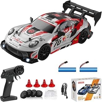 1:24 Scale RC Drift Car 4WD 2.4GHz 30KM/H High Speed Racing Sport Toy Car with LED Lights, Racing and Drift Wheels (8606-White)