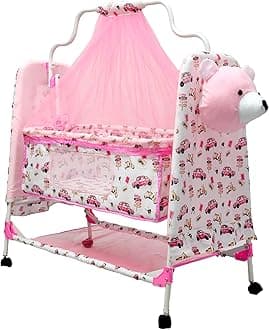 BABYBLESSING Metal Baby Cradle With Swing And Mosquito Net | With Swing Lock | Foldable | Sturdy And Safe | Durable | With Mosquito Net & Pillow | Jhulla | Baby Swing | 0-15 Months | Pink