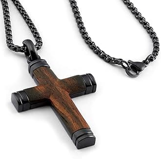 Co. Wood Cross Pendant Necklace Black Stainless Steel 24" Round Box Chain