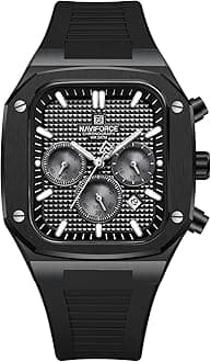 NAVIFORCE NF8037-BBB Men's Square Chronograph Analog Calendar Waterproof Silicone Band Wrist Watch Black
