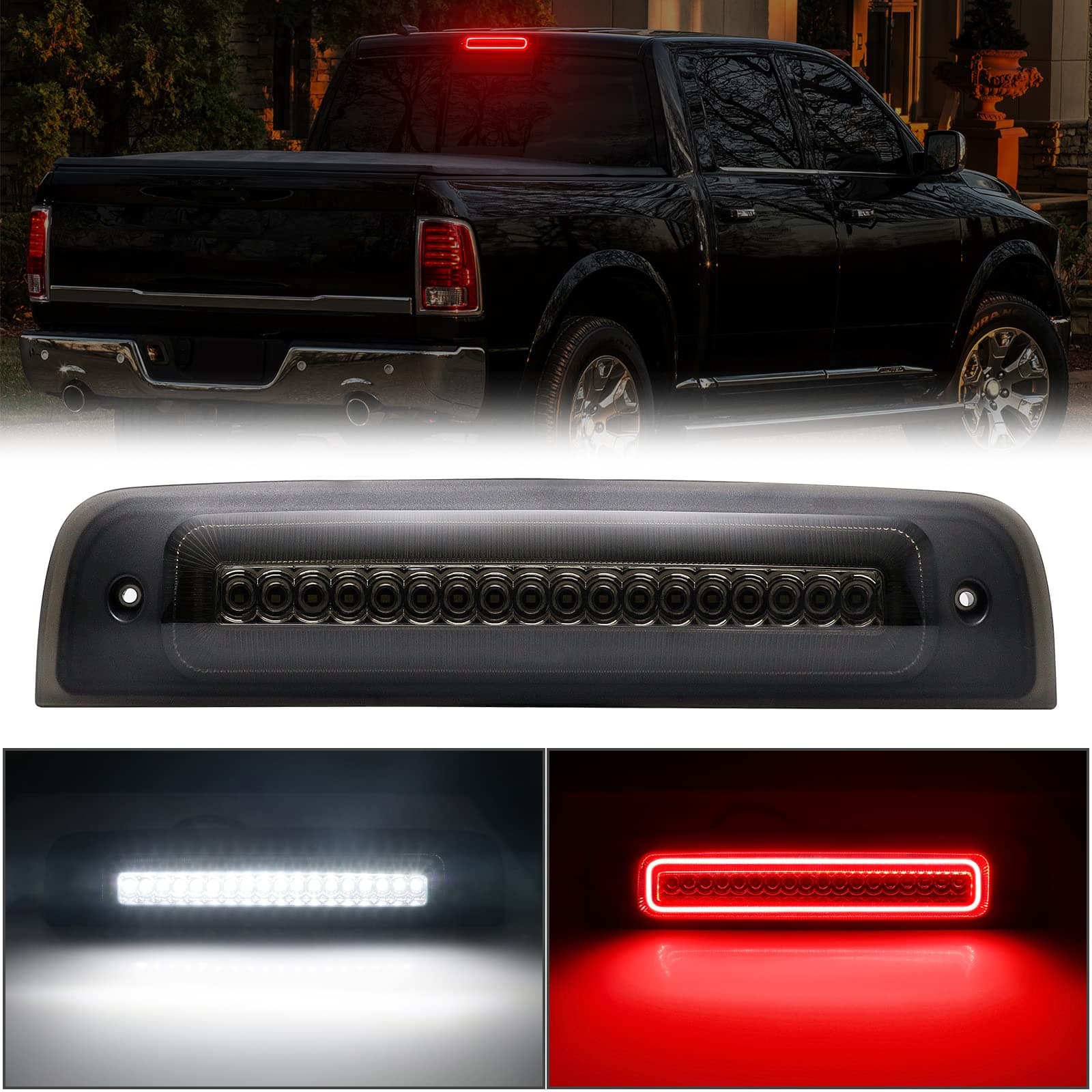 LED Strobe Third Brake Light Compatible With Ram 1500 2500 3500 4500 5500, 2010-2018, F1 Style Red Flash Smoked High Mounted Stop Lights with Seal Foam Gaskets Roof Cargo Light Pickup Truck