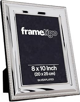 Silver Plated Bead Photo Frame, 8"x10" (20x25cm) Photo Size - Velvet Frame Backing & Stand - Real Glass Window - Tarnish Resistant - Landscape or Portrait Orientation