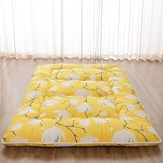 Zelladorra Japanese Floor Mattress, Futon Mattress with Portable Storage Bag and Washable Cover, Roll Up Thick Tatami Mat Suitable for Camping, Guest Room, Yellow Flower, Queen