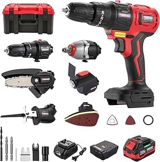 TEENO Brushless Power Tool Combo Kit, 6-in-1 Cordless Interchangeable Multi-Tool Set (Drill, Impact Wrench, Oscillating Tool, Reciprocating & Chain Saws, Sander), 3Ah Battery, USB Adapter & Hard Case