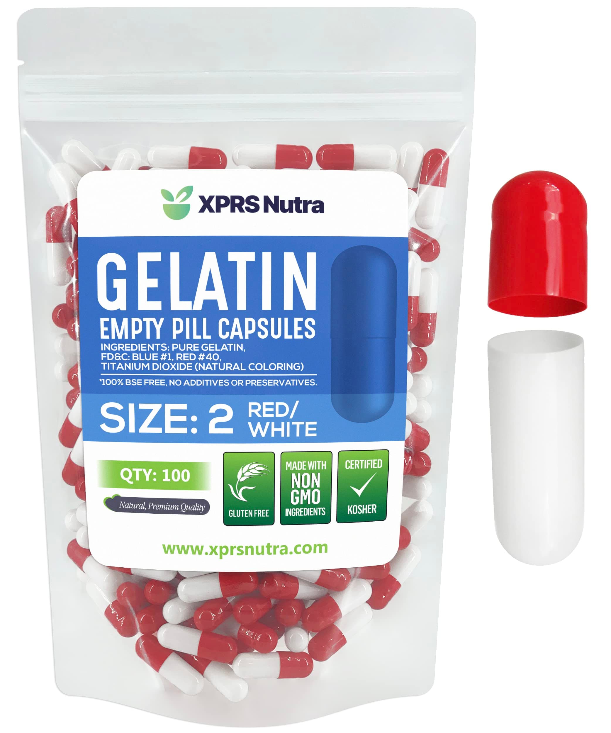 XPRS Nutra Size 2 Empty Capsules - 100 Count Empty Gelatin Capsules - Pills DIY Capsule Filling - Pure Bovine Pill Gel Caps for Do-It-Yourself Supplements (Red/White)