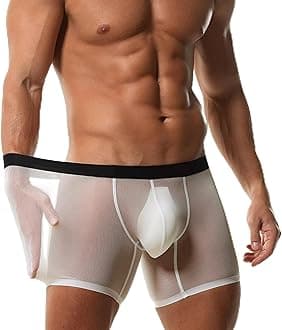 Men's Boxer Brief Underwear Ice Silk Mesh See Through Underpants Sports Extended Anti Crotch Shorts Running