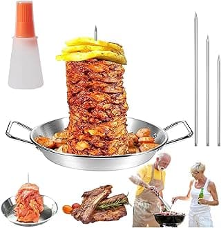 Gyro Pan with Skewer, Gyro Cooking Plate, Vertical Gyro Pan Skewer, Vertical Skewer Pan for Oven, Gyro Meat Pan Vertical Skewer, Stainless Steel Vertical Skewer Pan, Shawarma Skewer Stand (C,10in)