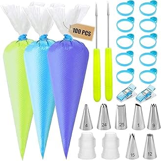 Piping Bags and Tips Set - 100 12Inch Disposable Pastry Piping Bags for Royal Icing with 7 Frosting Tips, 10 Icing Bags Ties, 2 Scriber Needle - Tipless Piping Bags Kit for Cookies & Cake Decorating