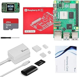 VemicoRaspberry Pi 5 Kit 8GB RAM with 32GB Card Readers Kit, 27W 5.1V5A PD Power Supply for Raspberry Pi 5, Aluminum Heatsinks 4pcs and Pi 5 8GB Board
