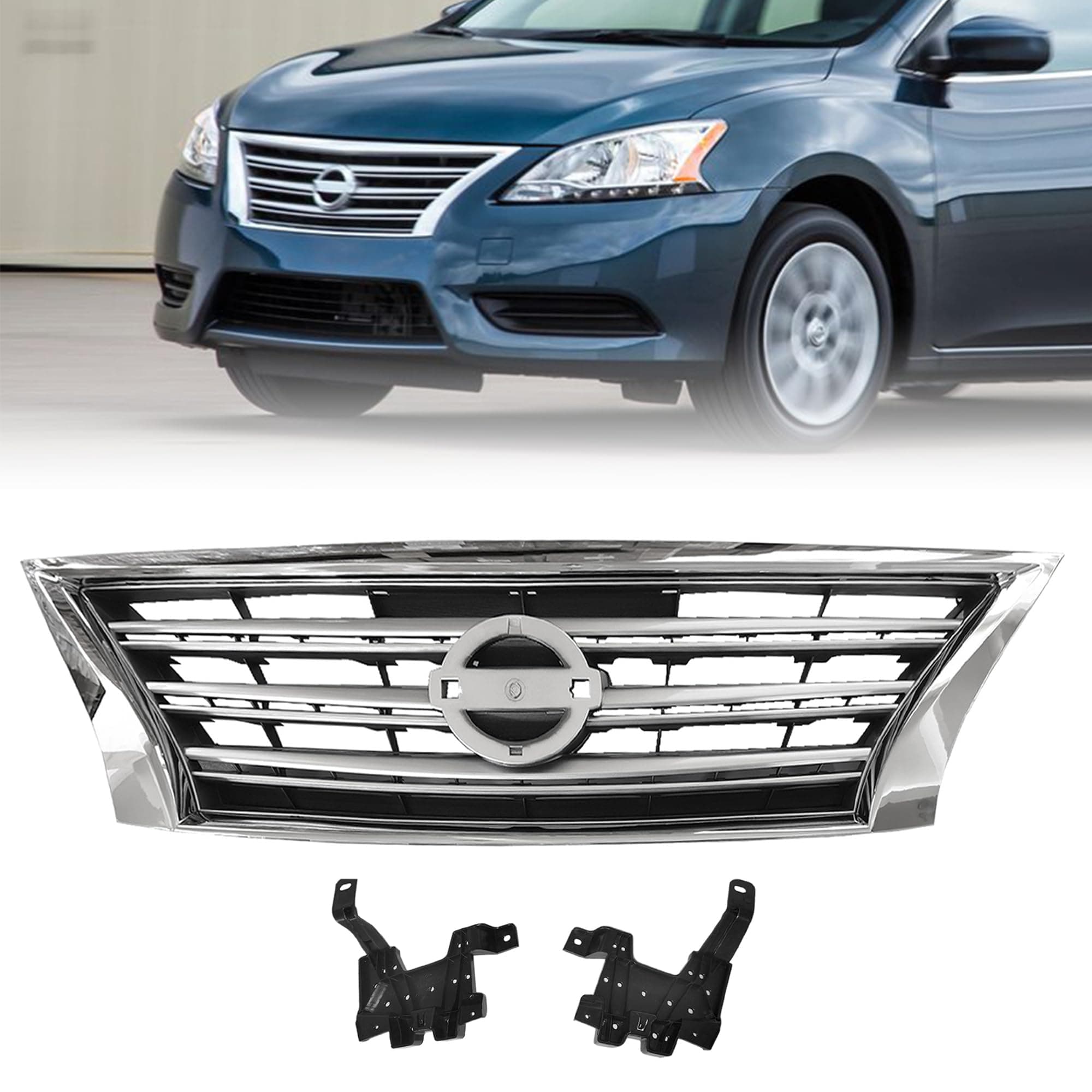 Front Shell Silver Insert & Chrome Grill For 2013 2014 2015 Nissan Sentra NI1200252 Bumper Grille Assembly,623103SH0A