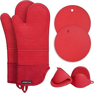 6pcs Oven Mitts and Pot Holders Sets for Kitchen, Extra Long Silicone Oven Gloves Heat Resistant 500 Degrees Non-Slip Potholders Hot Pads for Baking Cooking, Quilted Liner, Red