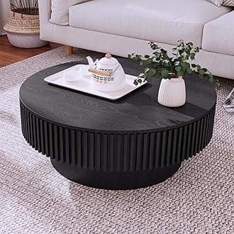 Round Coffee Table with Storage, Modern Wooden Coffee Table with Solid Wood Veneered, Circle Center Table Accent Tea Table for Living Room Apartment Small Space (31.5''L × 31.5''W × 14''H, Black)