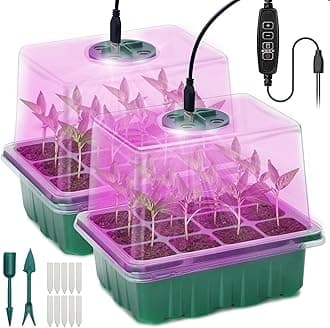 Seed Starter Tray, 2 Pcs Plant Propagation Station with Grow Light,Seedling Starter Trays with Timing Controller,Mini Greenhouse Kit with Humidity Domes and Base,Plant Tray for Seeds Growing Starting