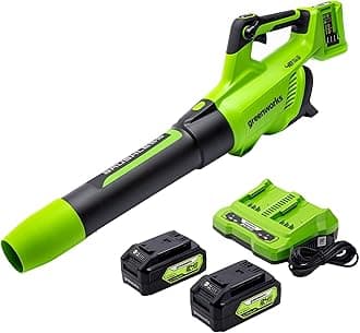 Greenworks48V (2 x 24V) Cordless Brushless Axial Leaf Blower (140 MPH / 585 CFM / 125+ Compatible Tools), (2) 4.0Ah Batteries and Dual Port Rapid Charger Included