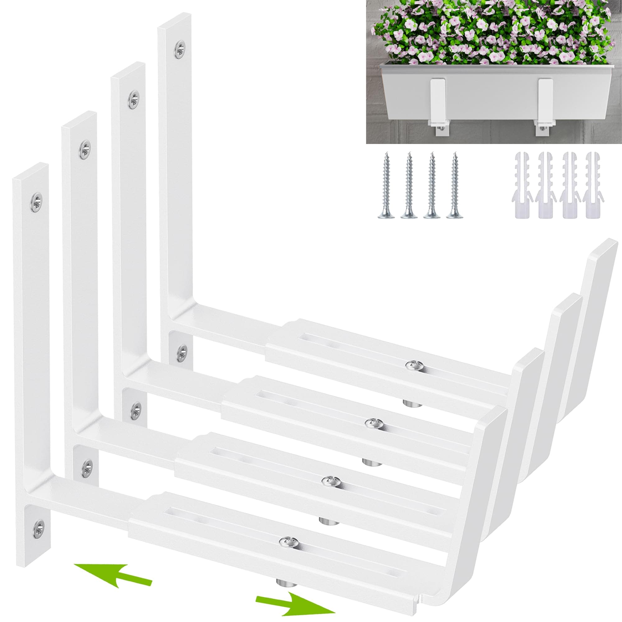 Y&M Brackets for Window Boxes Planters, Adjustable Planter Box Brackets, 4 Pack Universal Outdoor Hanging Brackets, White Steel Mounting Durable, Suitable for Fence Pergola Patio Garden Balcony