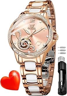 OLEVS Automatic Watch for Women Luxury Diamond Rose Gold Ladies Self Winding Mechanical Ceramic Wrist Watch Love Heart Date