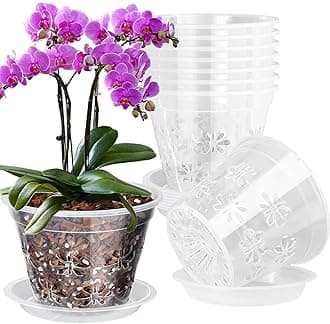 Orchid Pot, 8 Pack 7 inch Orchid Pots with Holes & Saucers, Clear Plastic Pot for Repotting, Breathable Ventilation Planters for Phalaenopsis, Dendrobium & Oncidium Orchids