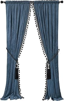 Helen curtain Luxury Pom Poms for Living Room Blackout Velvet 2 Panels s Set Luxury Tassel Bedroom s(Grey-Blue, （50W×84L）×2)