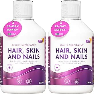 Hair, Skin and Nails Liquid Supplement - 2 Packs of 500 ml, 66 Day Supply | Full of Vitamins, Biotin, Collagen, MSM, CoQ10 I 100% Natural Orange Flavour | Vegan and Gluten Free