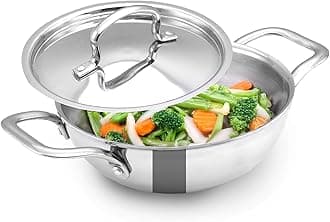 - The Indus Valley Triply Stainless Steel Kadai/Kadhai with Steel Lid | 18cm/7.1 inch, 1.25Ltr, 1.05kg | Induction Friendly | Nonstick 3-Layer Body, 100% Toxin-Free, No Chemical Coating