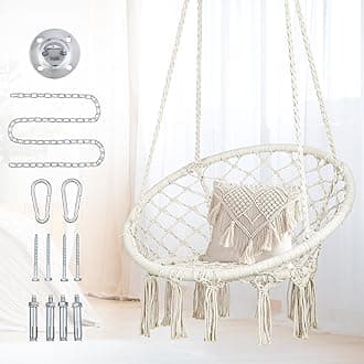 Macrame Hammock Swing Chair, Handmade Knitted Hanging Swing Chair for Indoor,Outdoor, Bedroom, Balcony, Yard, Porch- 265 Pound Capacity Off-White- 29.53" L x 29.53" W x 45.28" H
