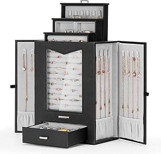 HomdeHomde Jewelry Organizer with Transparent Window Necklace Hooks Gift for Women Jewelry Box Display Case for Necklaces Rings Earrings Bracelets and Other Jewelry Accessories (Black)