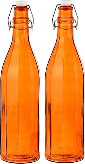 MACHAK Colhexa Glass Bottles With Cork 1litre, Kitchen Decoration (Orange, 2 Pc)