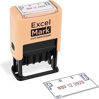 ExcelMark 2445 Date Stamp with Text - Blue and Red Ink (Peach Mount, Paid)