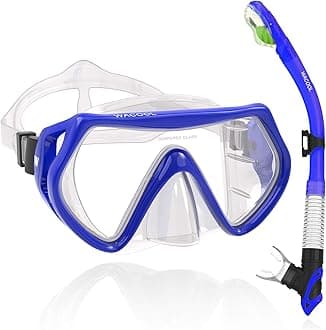 WACOOL Professional Snorkeling Snorkel Diving Scuba Package Set with Anti-Fog Coated Glass Purge Valve and Anti-Splash Silicon Mouth Piece for Men Women (Adults,Blue)