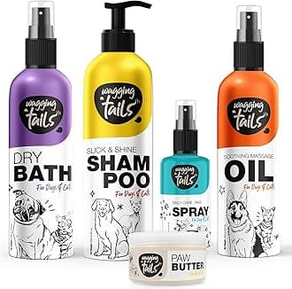 Wagging Tails 5 In 1 Grooming Kit Combo For Pets Dog Shampoo 200Ml+Dry Bath 200Ml+Massage Oil 200Ml+Paw Butter 50G+Paw Spray 100Ml Made With Natural Ingredients Head To Paw Gift Box,700 Milliliter