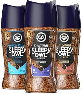 Sleepy Owl Pack of 3 Premium Instant Coffee Combo | 3 Delicious Flavours - Original/Hazelnut/French Vanilla | 100% Arabica | Ready in Seconds | Makes 150 cups | 100gm Each