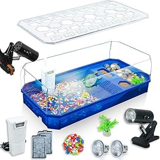 Aquatic Turtle Tank Habitat Kit Stone+Filter+Heat Lamp Enhancing Interaction with 360° Viewing, Standalone Filtration, DIY Creative Zone, Enriched Living (Blue, X-Large[with Light])
