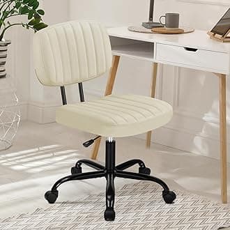 DUMOS Armless Home Office Desk Chair -Small Ergonomic with Low Back Lumbar Support, Height Adjustable PU Leather Computer Task with 360° Swivel Rolling Wheels, for Small Space, Beige White