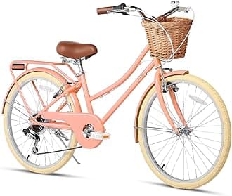 Glerc 24 Inch Beach Cruiser Bike, 6-Speed Hybrid City Bicycle for Girls Youth and Over 6 Years Old, Missy Bike with Wicker Basket & Lightweight, Peach