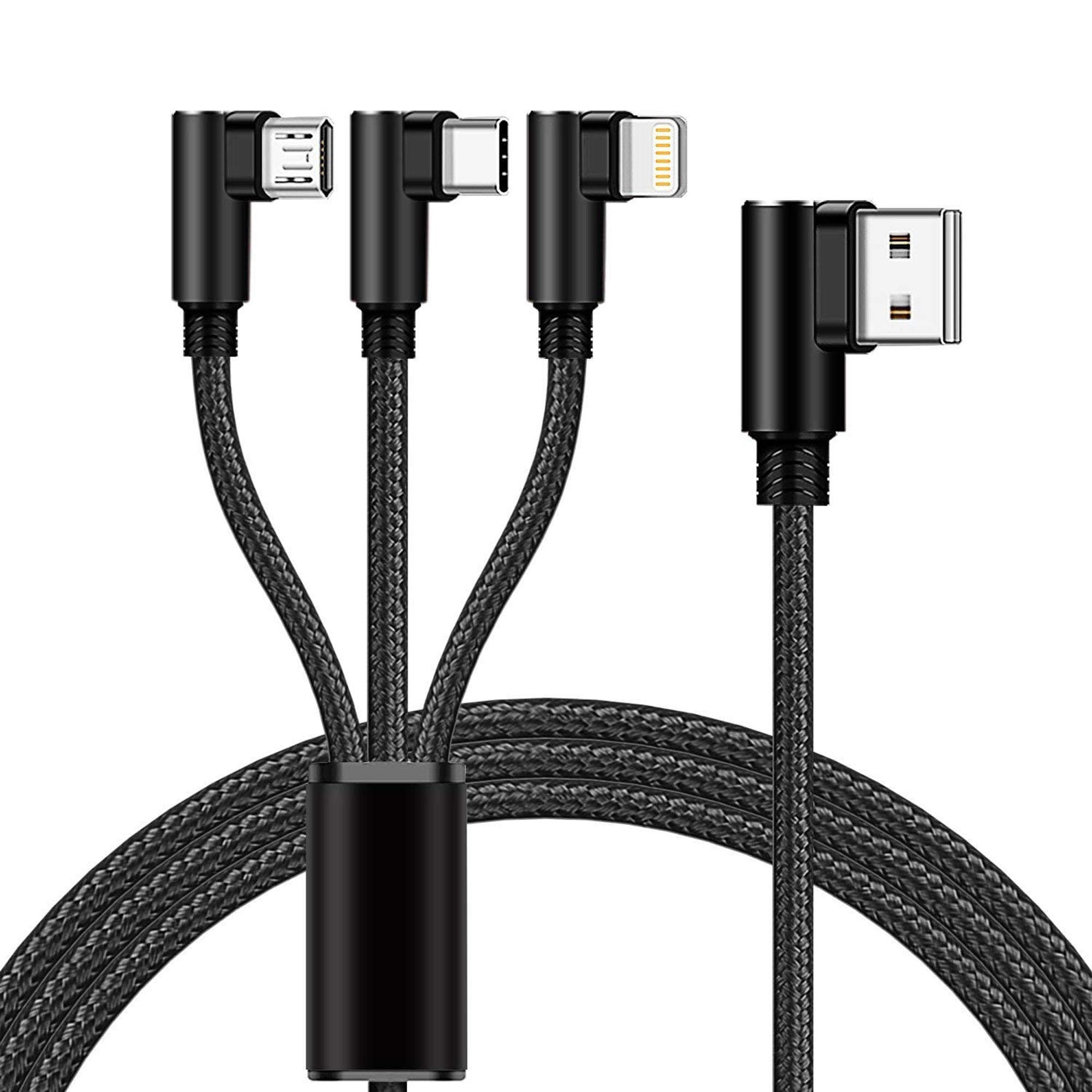 Multi Charging Cable,1.5m/5ft 3 in 1 Multiple 90 Degree USB Charger Cord with iPhone/Type C/Micro USB Connector for iPhone, iPad, Micro USB, Type C Smartphones - Black