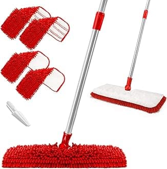 MASTERTOP Microfiber Mop for Floor Cleaning, Hardwood Dust Mop, Wet Mopping with 4 Washable Replacement Mop Pads, Floor Mop for Cleaning with 1 Scraper- White & Red
