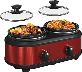 - Double Slow Cooker, 2 x 1.25 QT Portable Small Dual Crock Cooker, Buffet Servers and Warmers Dishwasher Safe, Removable Ceramic Pot Glass Lid, Stainless Steel Red
