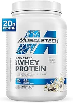 Muscletech Grass Fed Whey Protein | Grass Fed Whey Protein Powder | Protein Powder for Muscle Gain | Growth Hormone Free, Non-GMO, Gluten Free | 20g Protein + 4.3g BCAA | Deluxe Vanilla, 1.8 lbs