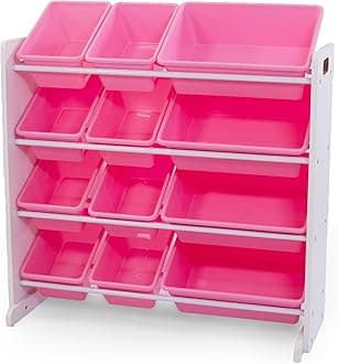 Humble Crew Kids Toy Storage Organizer with 12 Plastic Bins, White/Pink – Removable Bins for Playroom, Bedroom, Toddler Furniture for Boys and Girls Ages
