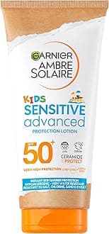 Garnier Ambre Solaire Kids Sun Cream SPF 50+ Sensitive Advanced 175ml, For Face & Body, High UVA UVB Protection, Non-Sticky, Water-Resistant, Sand & Sweat, Hypoallergenic, Fragrance-Free Lotion