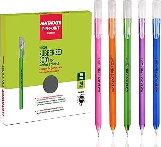 Matador Group Ballpoint for Journaling - Assorted Color Rubberized Body Fine Black Ink Pens - Writing Supplies for School (0.6 mm, 24 Counts)