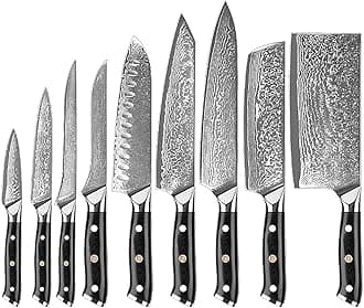 9-Piece Kitchen Utensils Set Damascus Kitchen Knife Set, 67-Layer V-Gold-10 Steel - Slicing & Cutting, Never Needs Sharpening, Dishwasher Safe