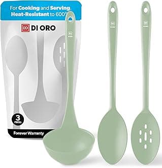 DI ORO Silicone Ladle & Spoons for Cooking – Large Kitchen Spoons for Mixing, Serving, & Stirring - Soup Ladle with Wide Bowl - High Heat Silicone Kitchen Utensils for Nonstick Cookware Safe (Sage)
