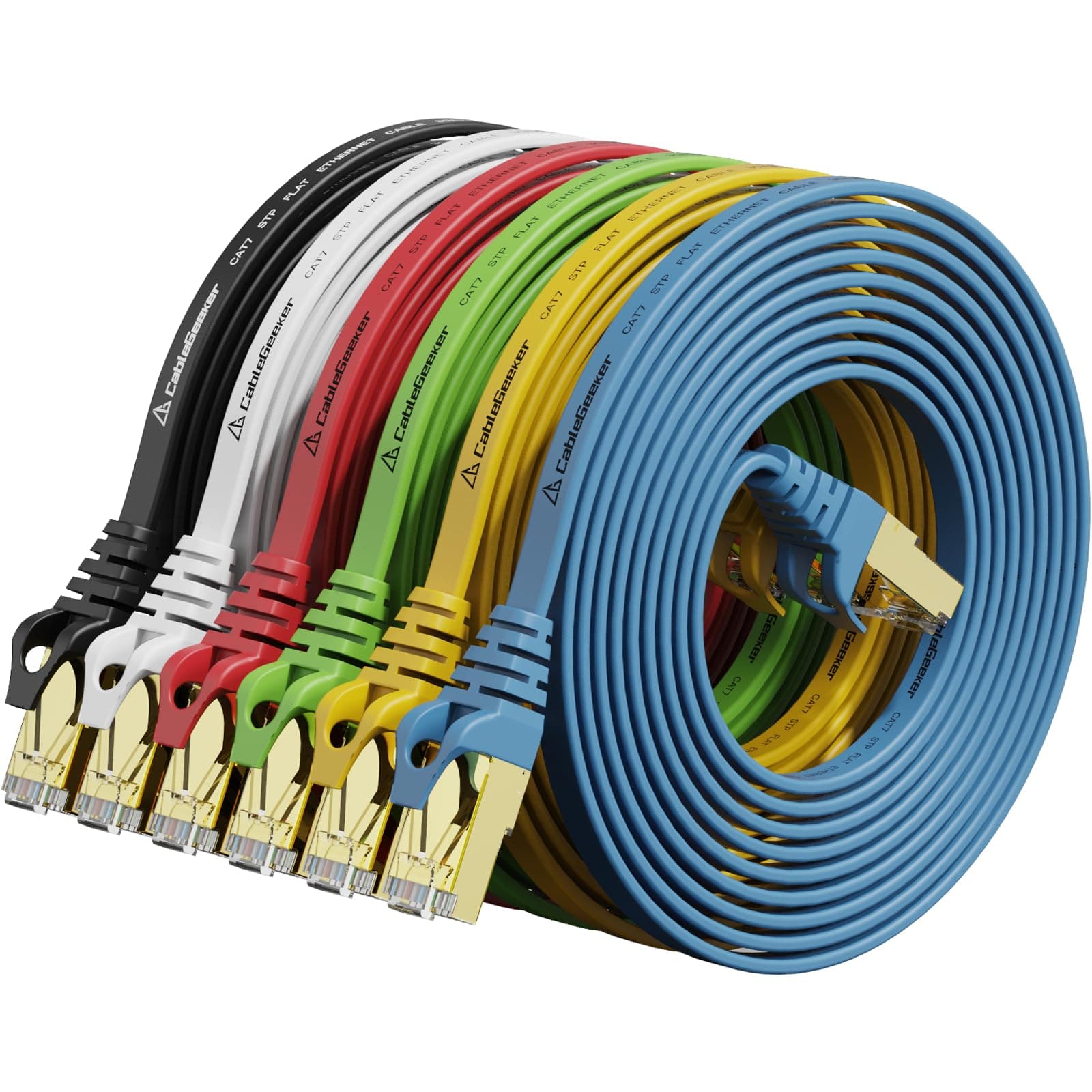 Cat 7 Ethernet Cable 10 ft 6 Pack (Highest Speed Cable) Cat7 Flat Shielded Ethernet Patch Cables - Internet Cable for Modem, Router, LAN, Computer - Compatible with Cat 5e, Cat 6 Network