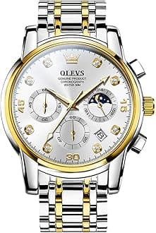 OLEVS Men's Chronograph Watch, Gold Silver Tone Stainless Steel Analog Quartz Watch, Multi-Function Waterproof Date Diamond Roman Numerals Dial Dress Watch for Men