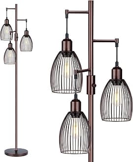 Torondo Dimmable Floor Lamp, Industrial Floor Lamps for Living Room, Brown Tree Lamp Standing Lamp Tall Lamps with 3 Elegant Teardrop Cage Head & 800 Lumens LED Bulbs for Living Room Bedroom Office